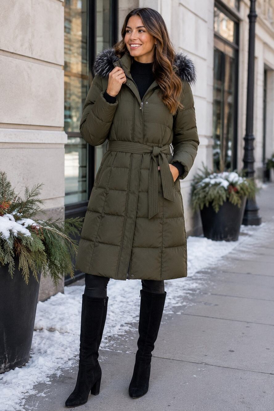 Kensie Olive Belted Faux Fur Hood Long Puffer Coat NWT Medium